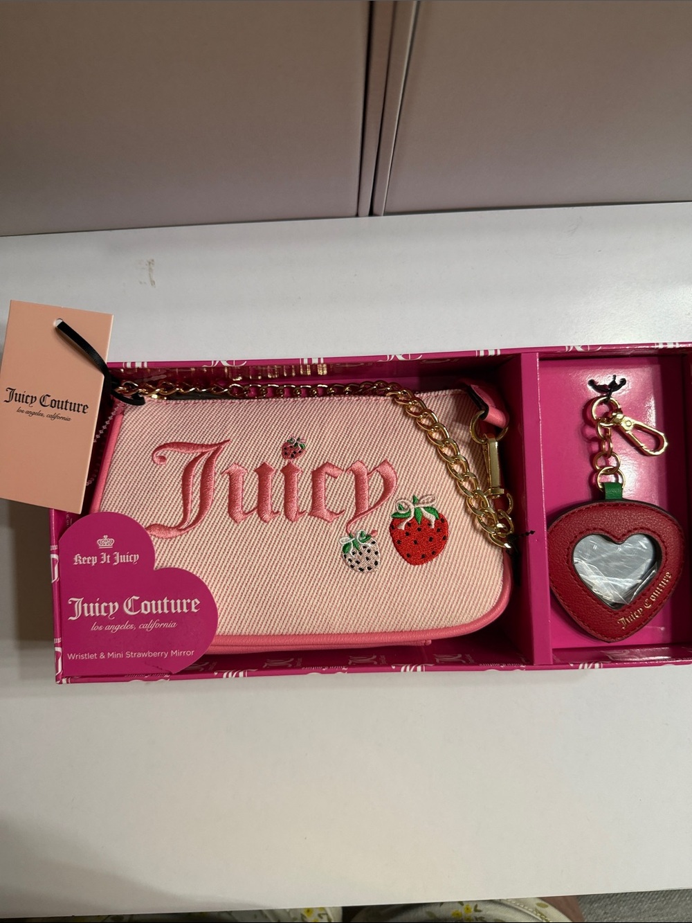NIB Juicy Couture Pink Embroidered Strawberry Wristlet with Red Heart Charm